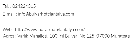 Bulvar Hotel Antalya telefon numaralar, faks, e-mail, posta adresi ve iletiim bilgileri